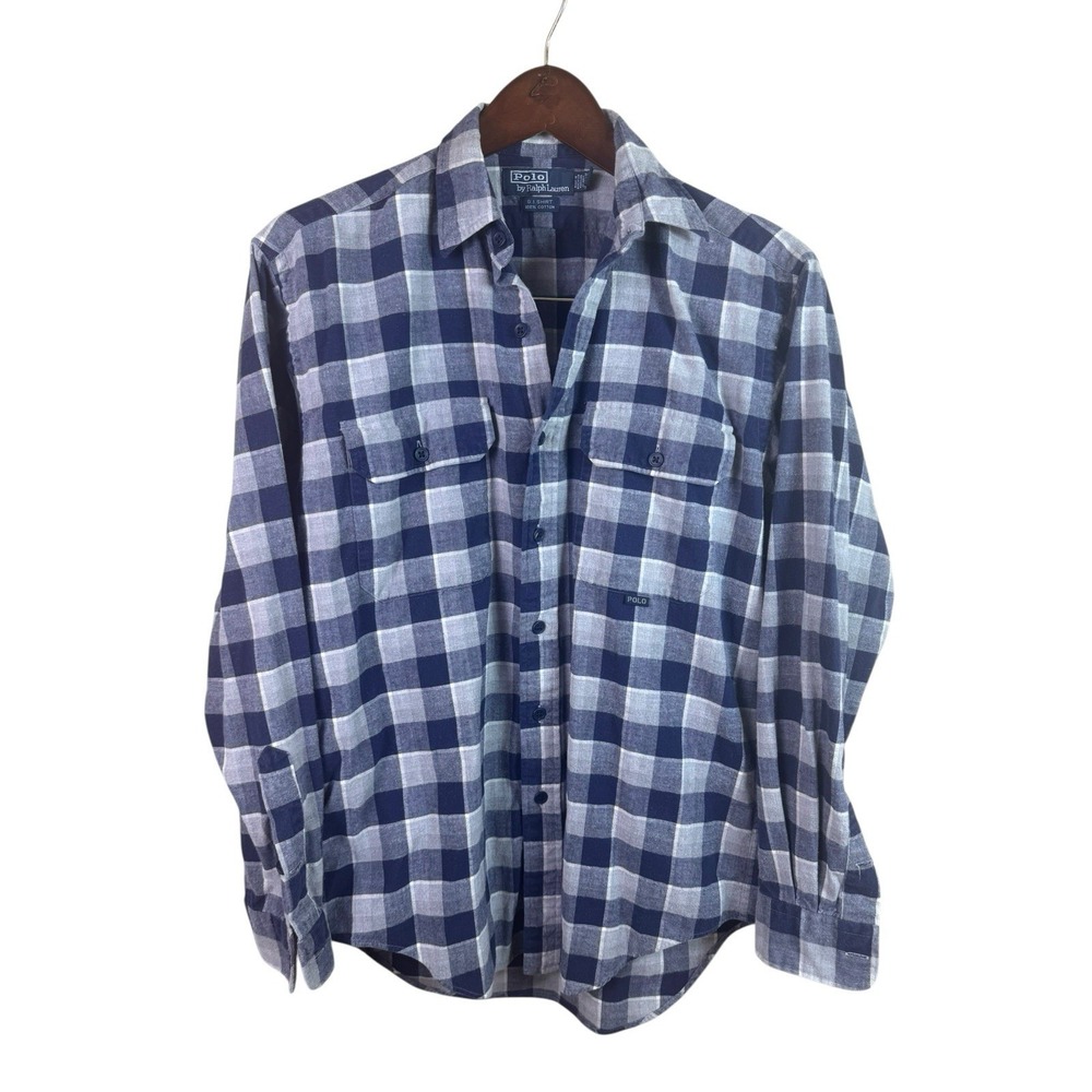 VINTAGE Polo Ralph Lauren GI‎ Shirt Mens Blue Check Pockets  Military Small
